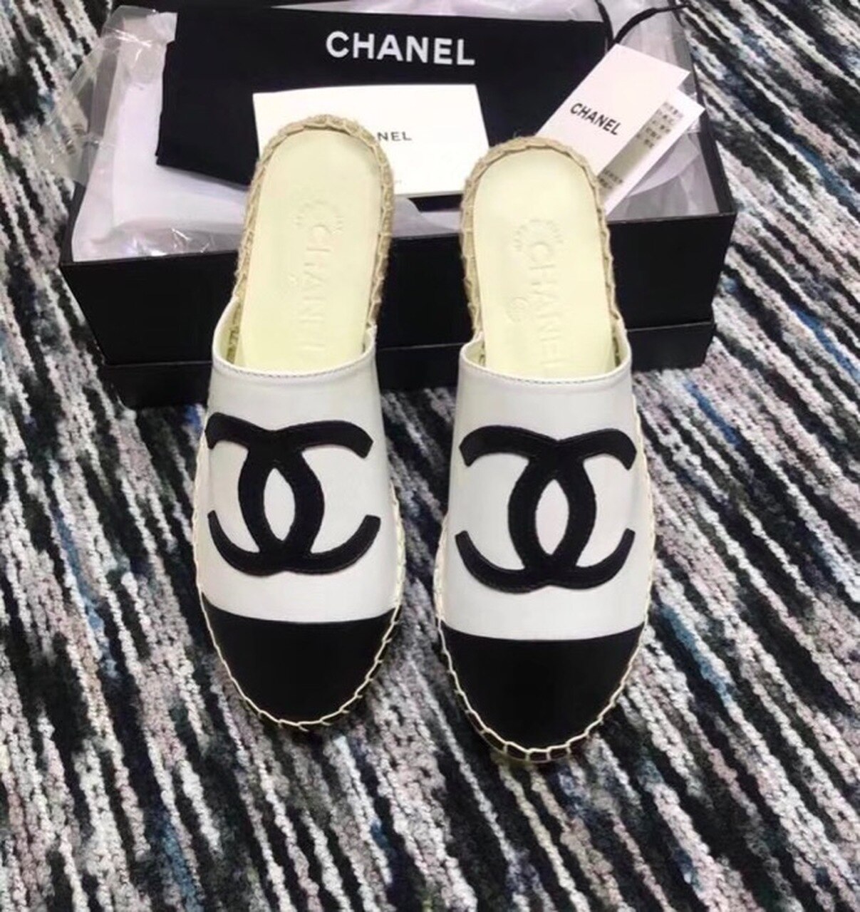 Chanel Mule Espadrille Slides White/Black For Women, Women’s Shoes - Image 3