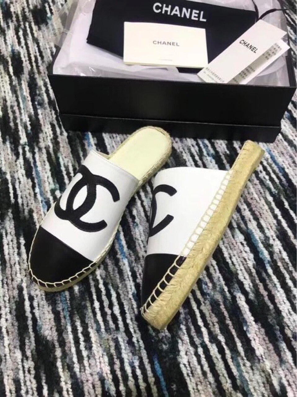 Chanel Mule Espadrille Slides White/Black For Women, Women’s Shoes - Image 5