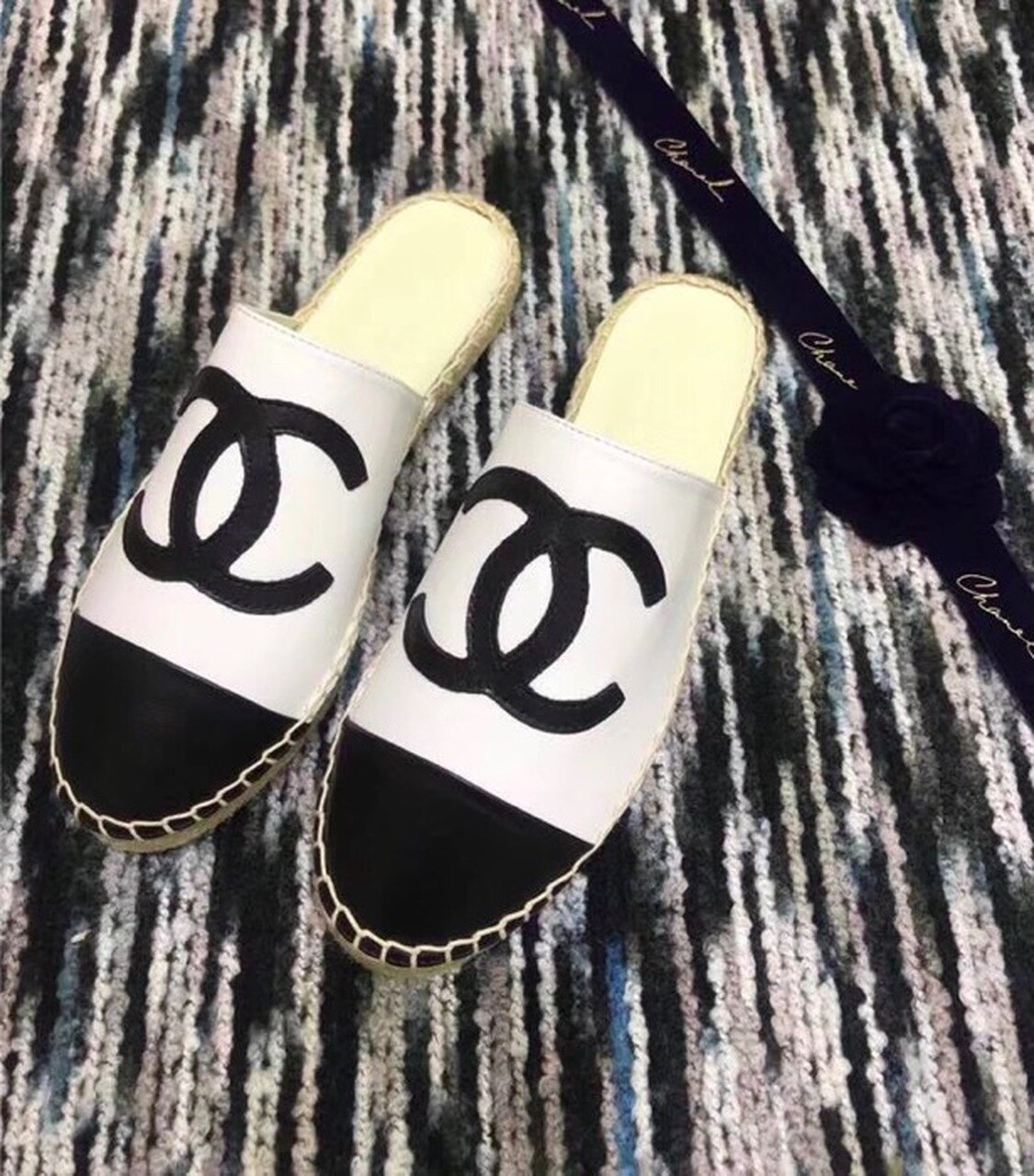 Chanel Mule Espadrille Slides White/Black For Women, Women’s Shoes - Image 9