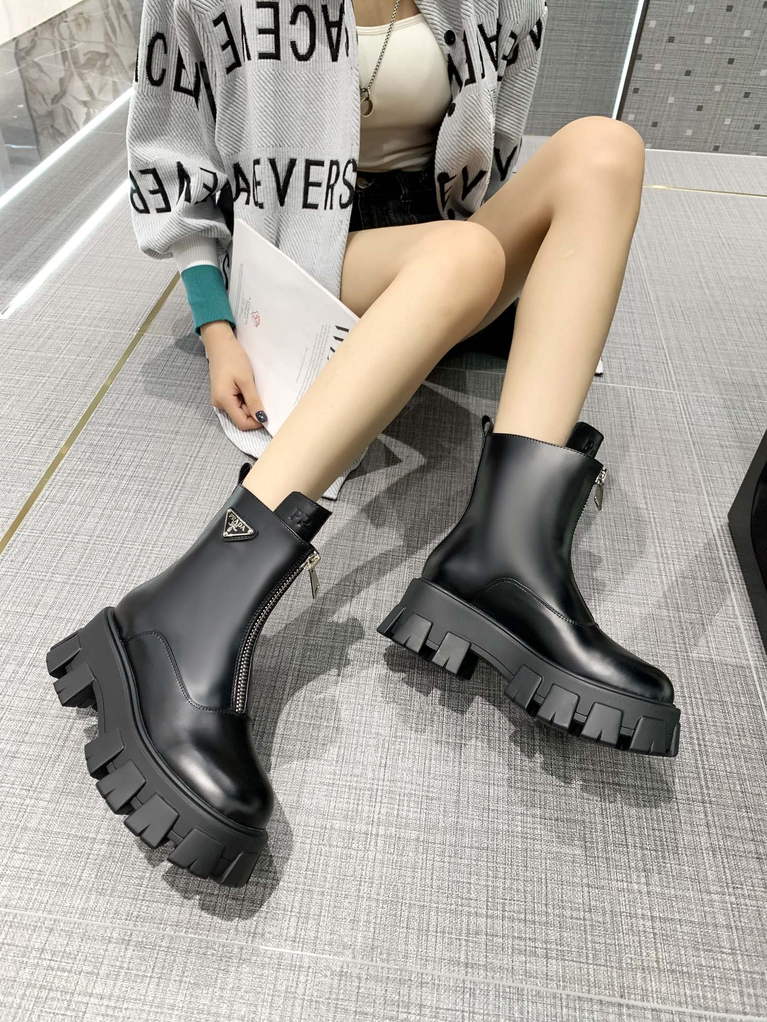 Prada Zipper Ankle Boots Black For Women PRD - Image 4