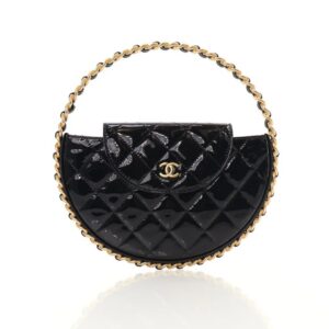 TRUE TO ORIGINAL | Chanel Medium Black Patent Chain Hoop Bag – 9″ x 9″ x 1″