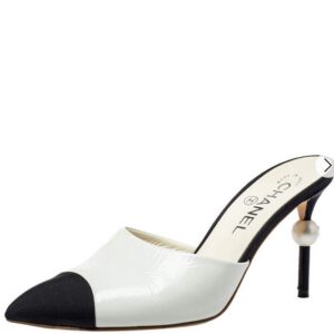 Chanel White/Black Canvas And Leather CC Pearl Heel Pointed Toe Mules Sandals for Women – 41 EU
