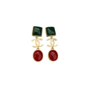 Chanel Big Dark Green And Dark Red Stone Earrings Gold Tone For Women