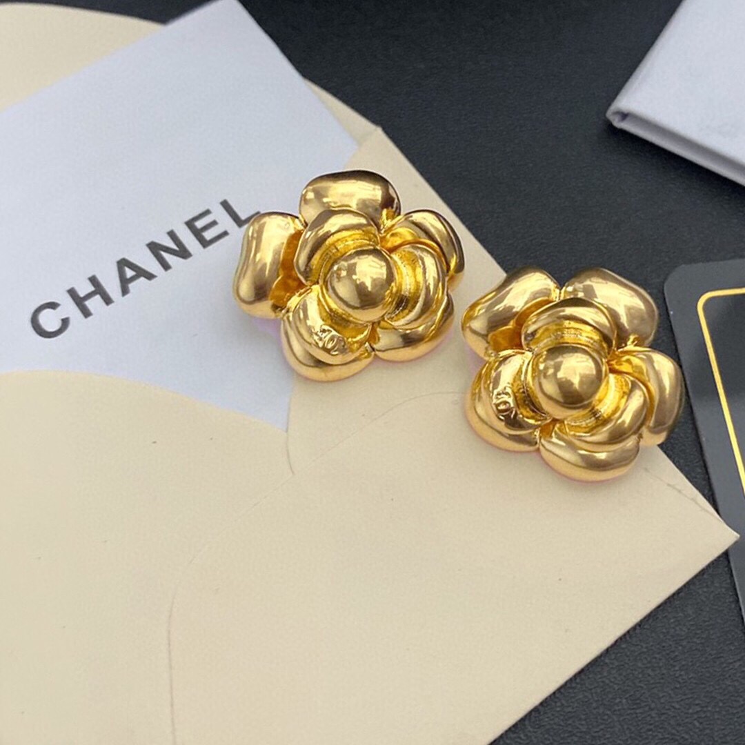 Chanel Camellia Stud Earrings Gold For Women - Image 7