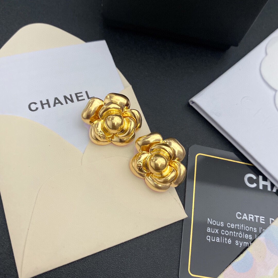Chanel Camellia Stud Earrings Gold For Women - Image 9