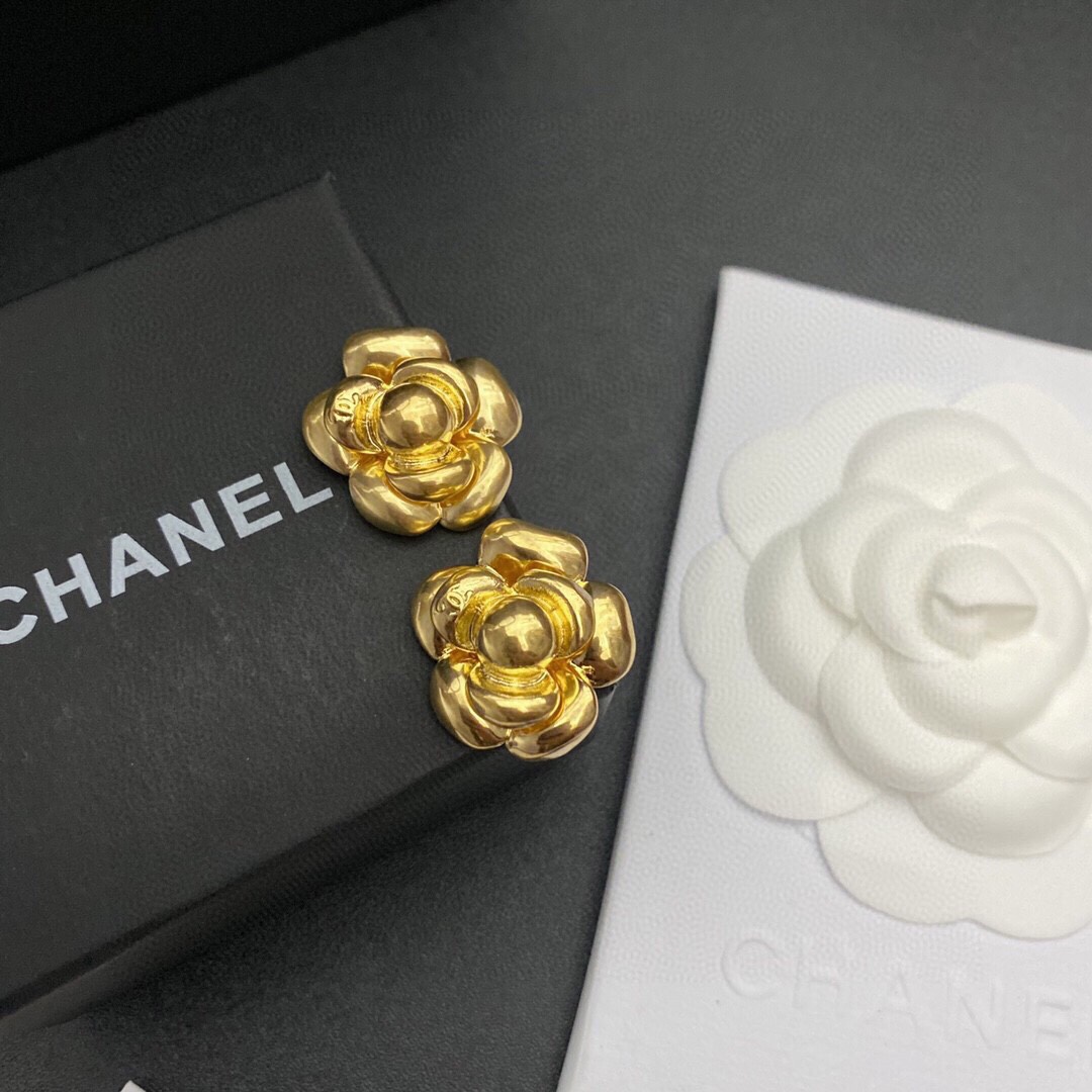 Chanel Camellia Stud Earrings Gold For Women - Image 8