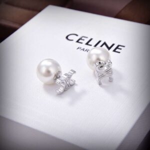 Celine Triomphe Pearl Earrings Silver For Women