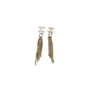 Chanel Chain Long Shape Earrings Gold Tone For Women