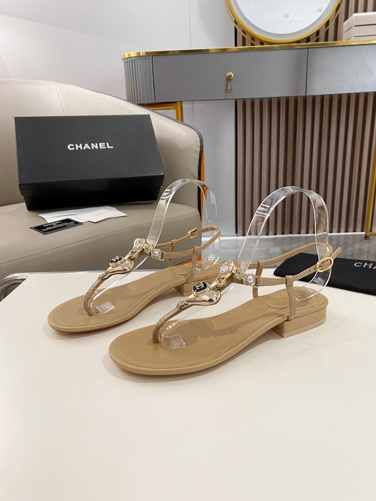 Chanel Crystal Low Heels Flip Flops Brown For Women - Image 8