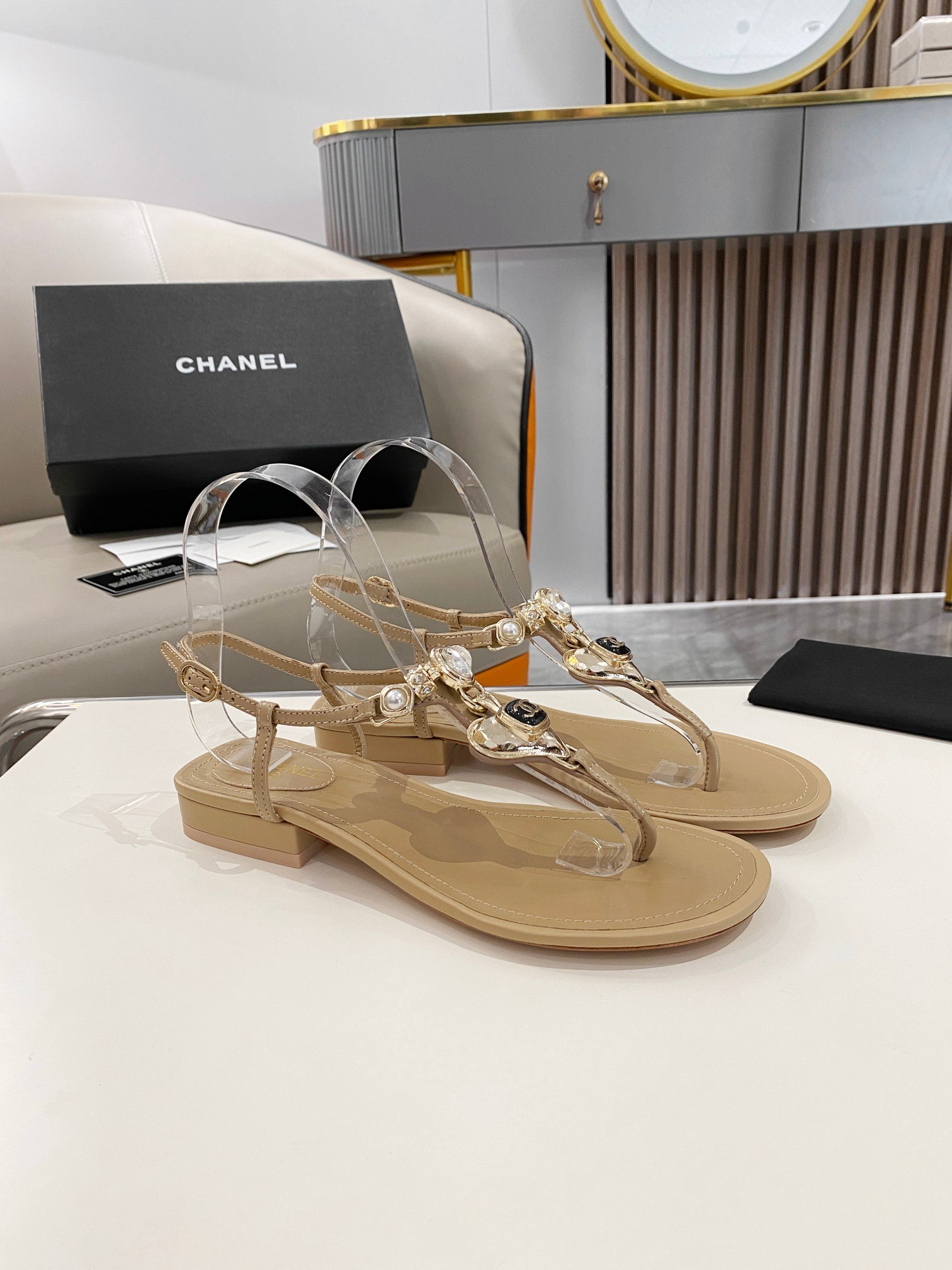 Chanel Crystal Low Heels Flip Flops Brown For Women - Image 7