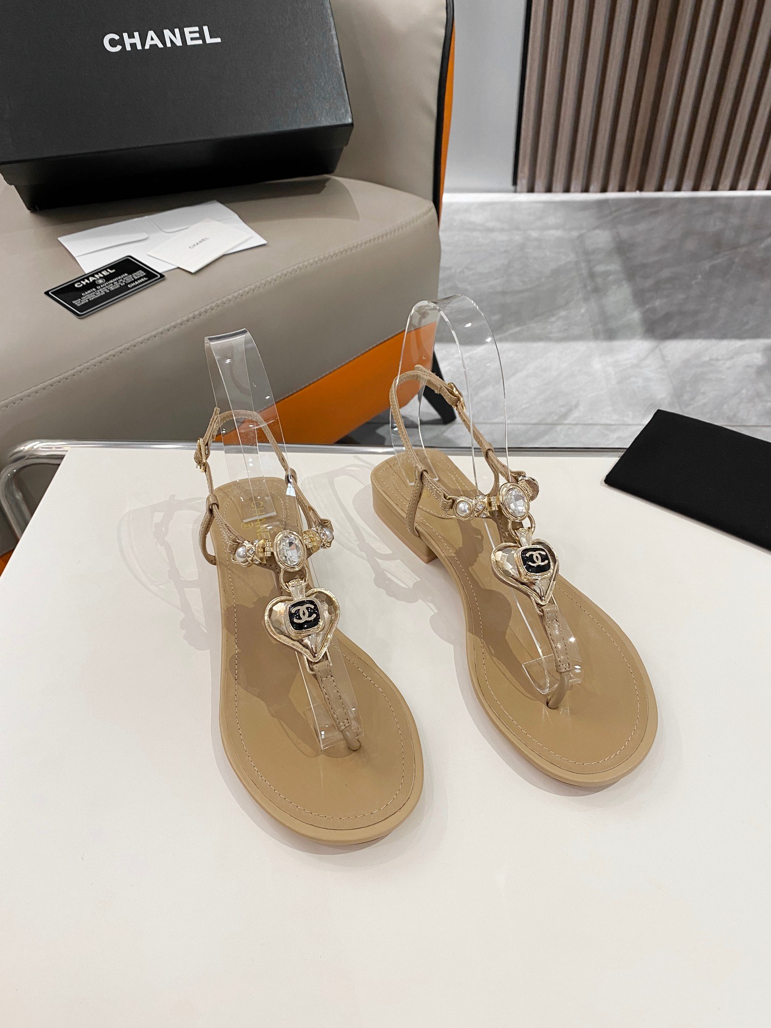 Chanel Crystal Low Heels Flip Flops Brown For Women - Image 6