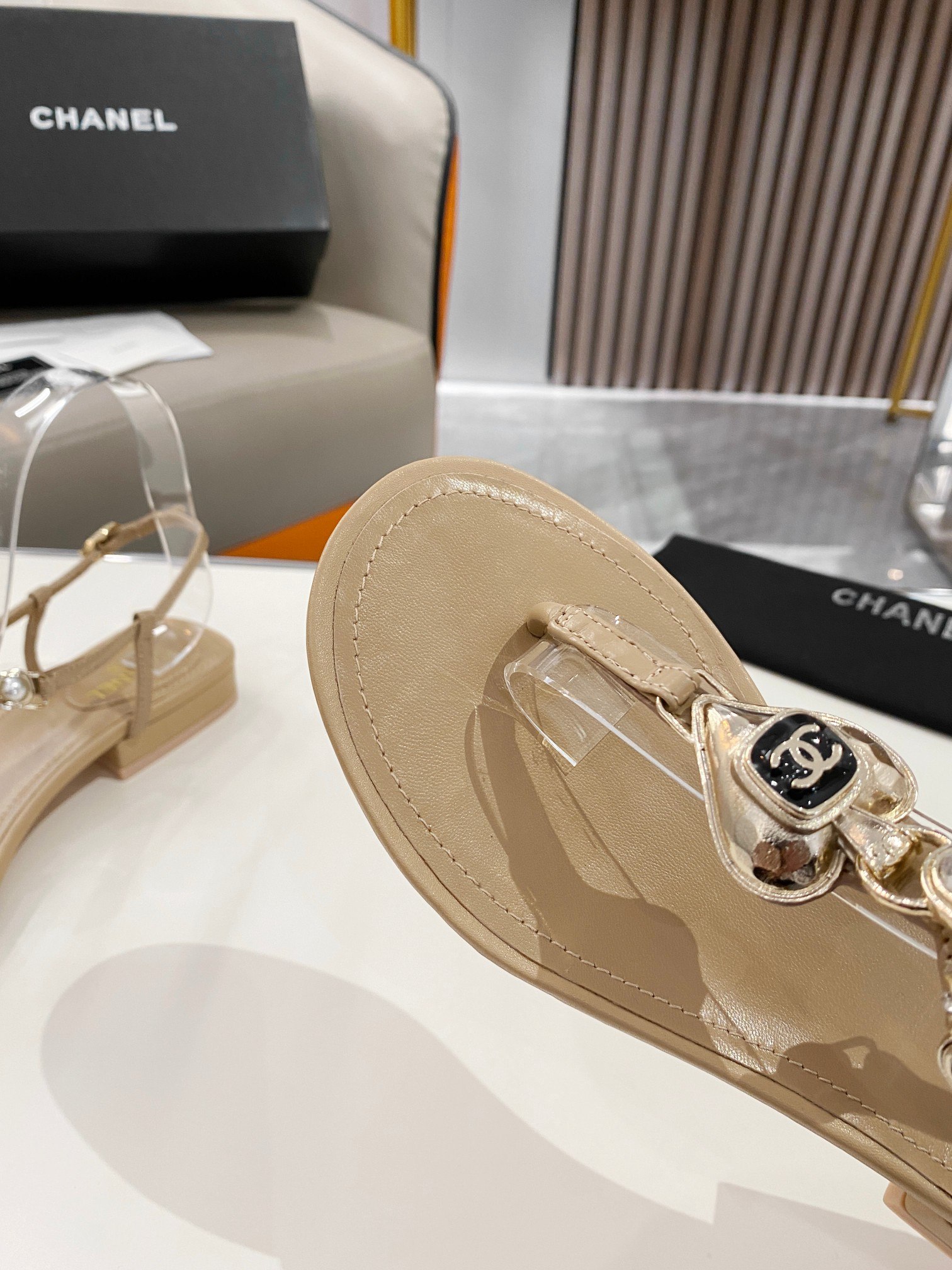 Chanel Crystal Low Heels Flip Flops Brown For Women - Image 3