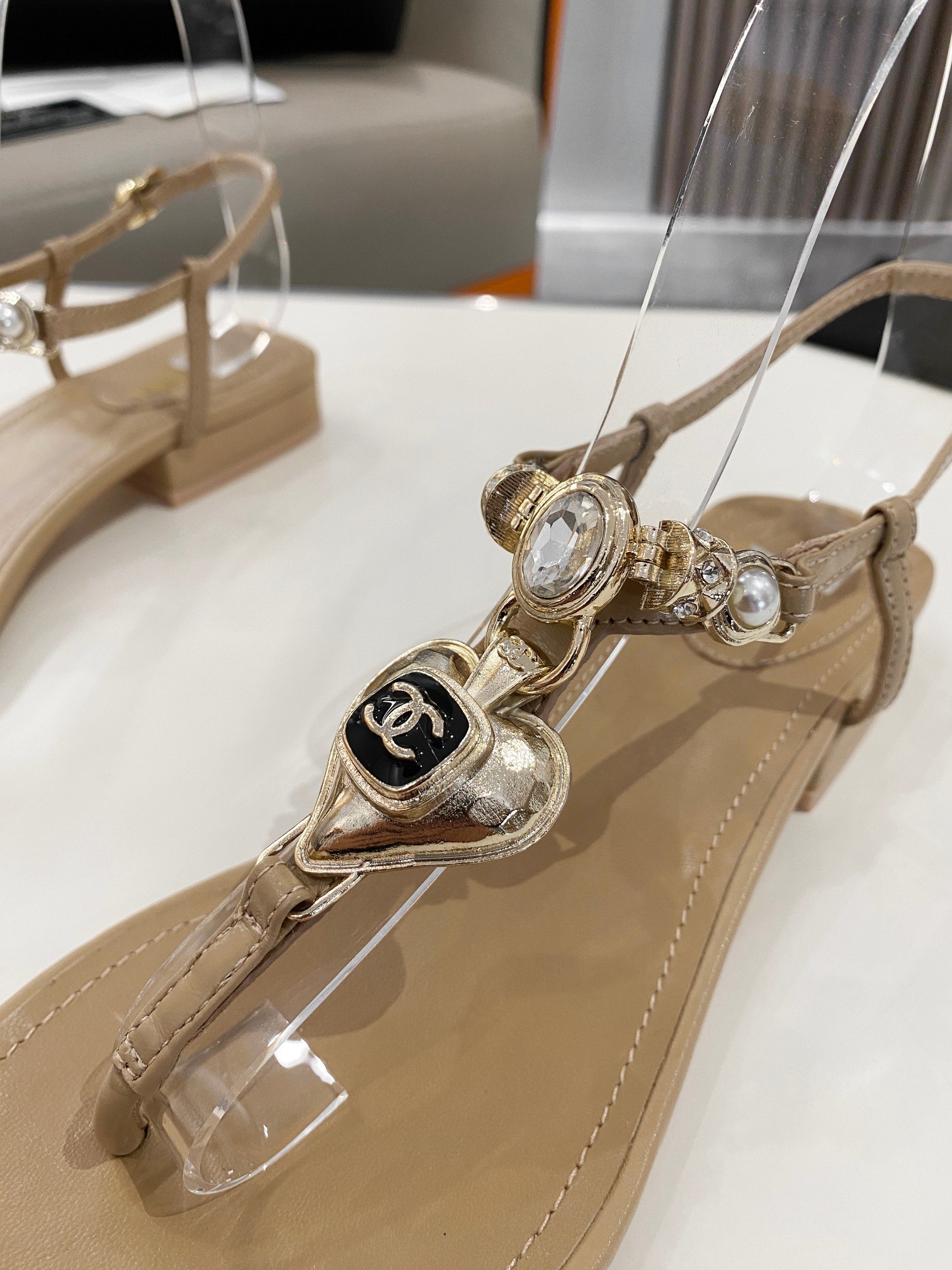 Chanel Crystal Low Heels Flip Flops Brown For Women - Image 2