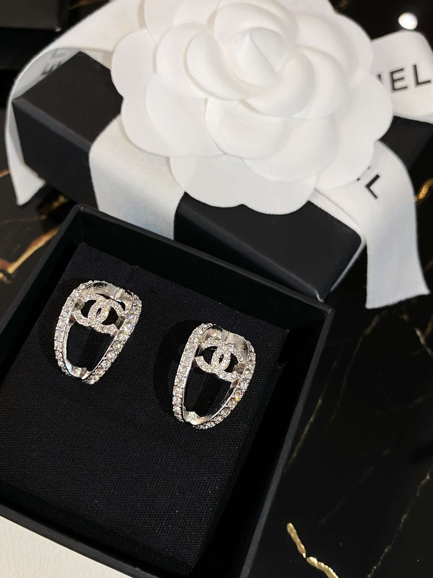 Chanel Hollow Moon Shape Earrings Silver For Women - Image 2