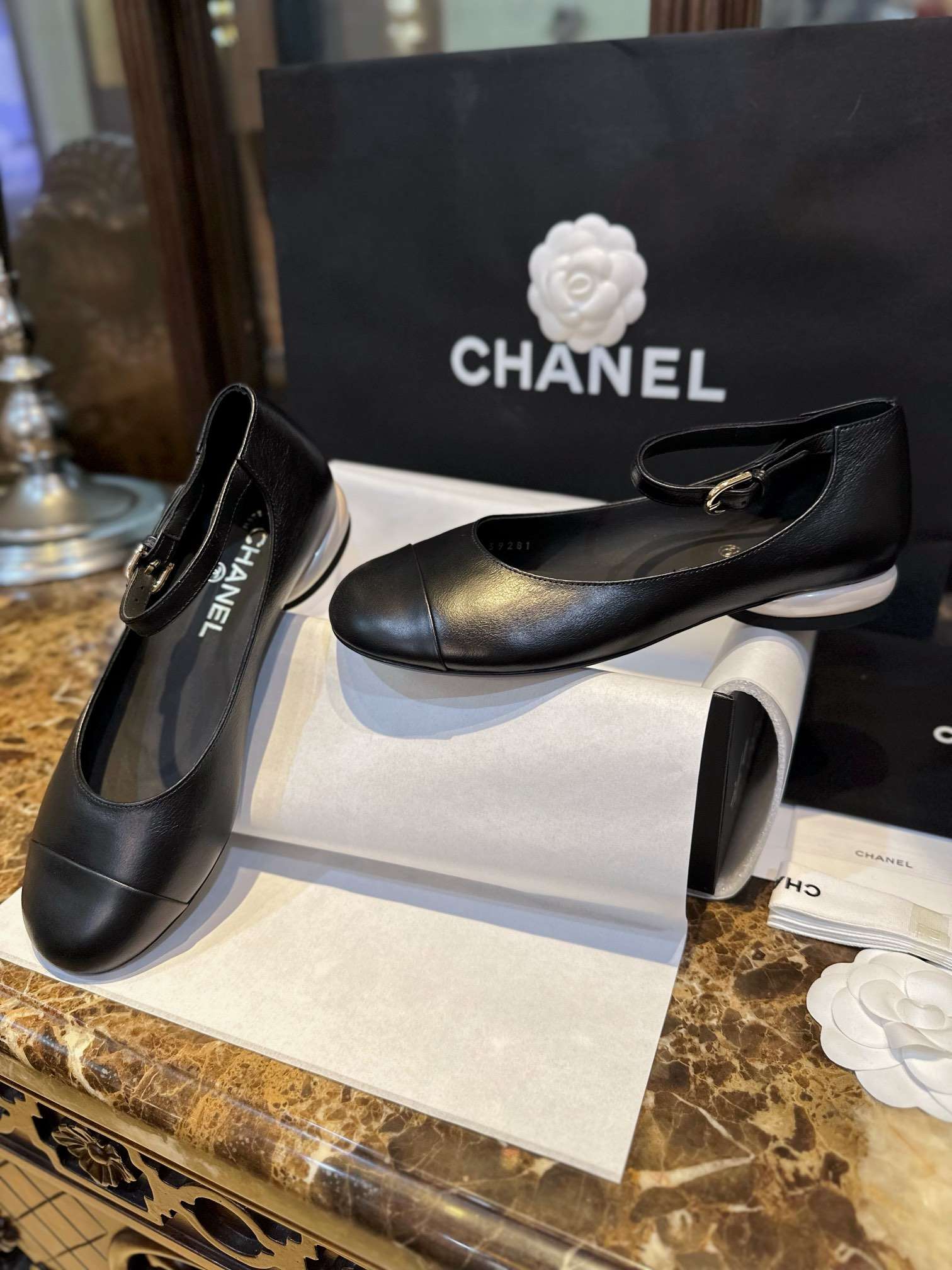 Chanel Mary Jane Flats Pearl Black For Women - Image 2