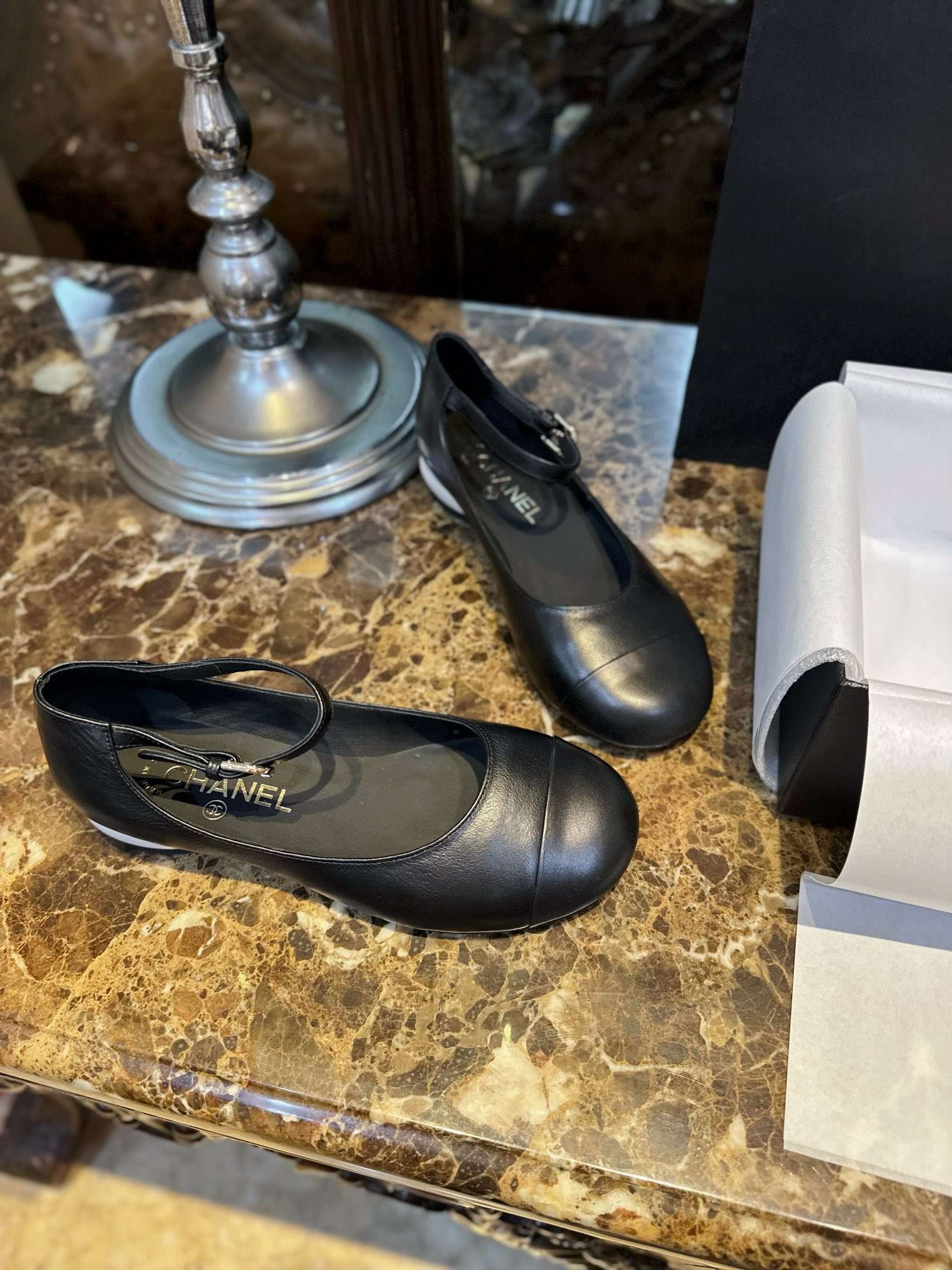 Chanel Mary Jane Flats Pearl Black For Women - Image 6