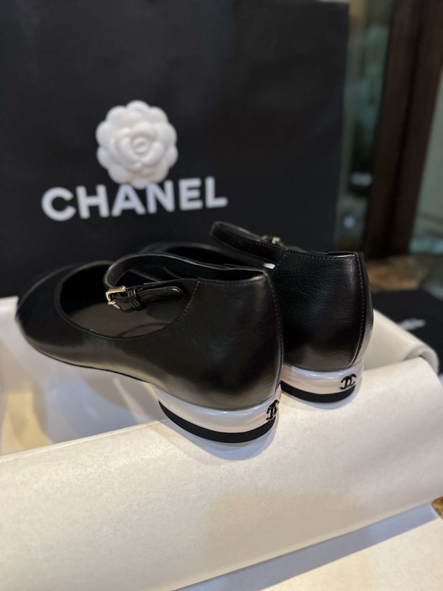Chanel Mary Jane Flats Pearl Black For Women - Image 3