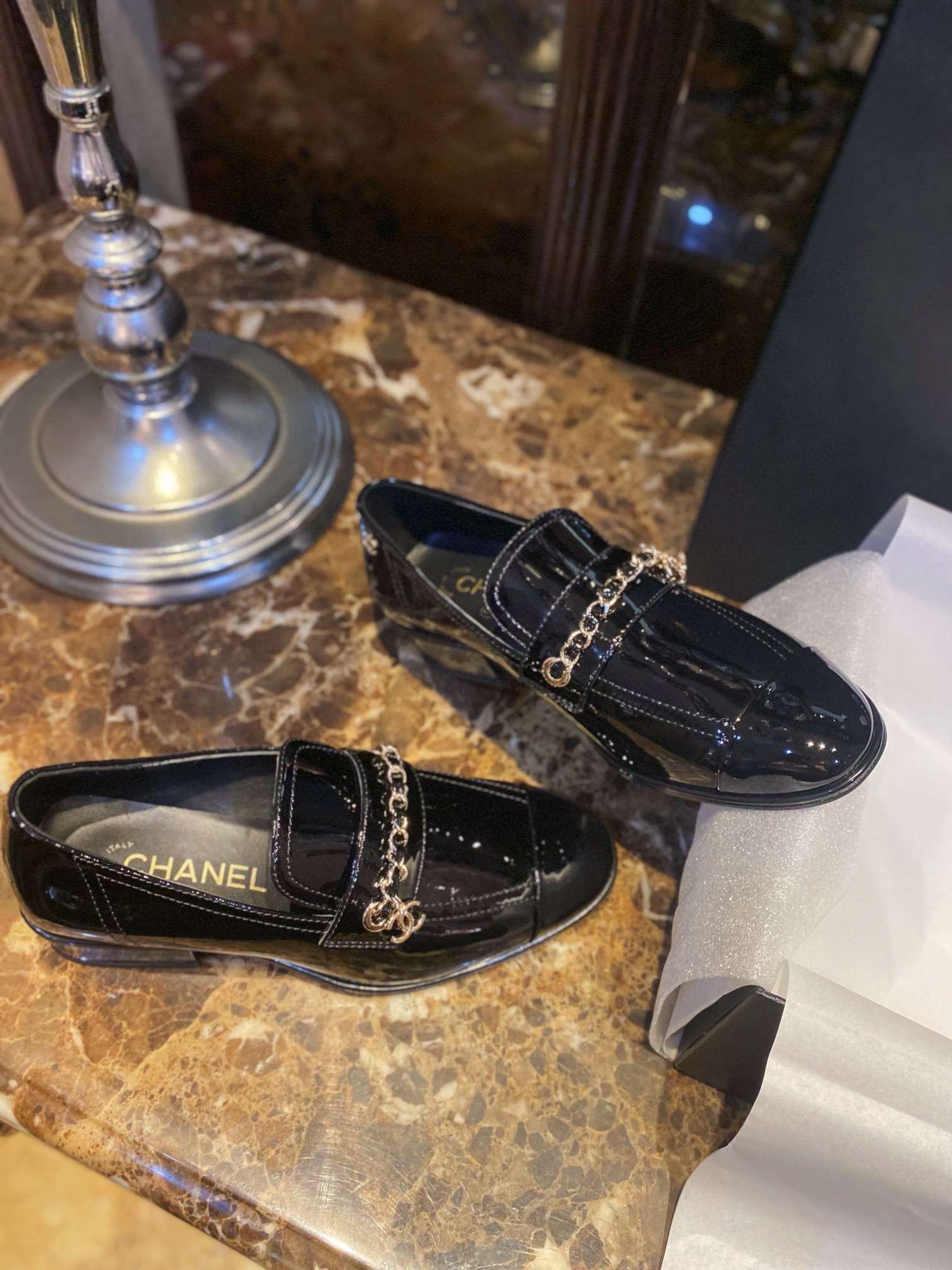 Chanel Patent Chain Loafers Black For Women - Image 9
