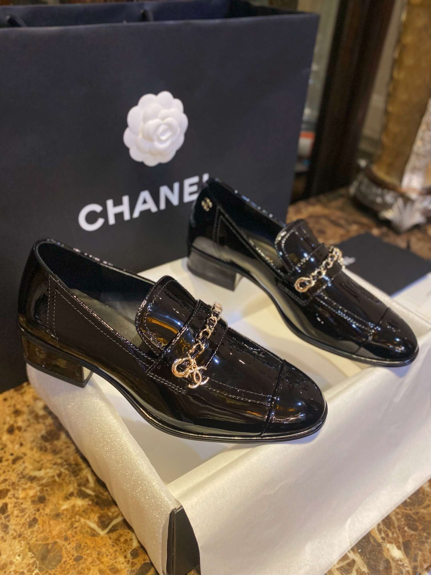 Chanel Patent Chain Loafers Black For Women - Image 7