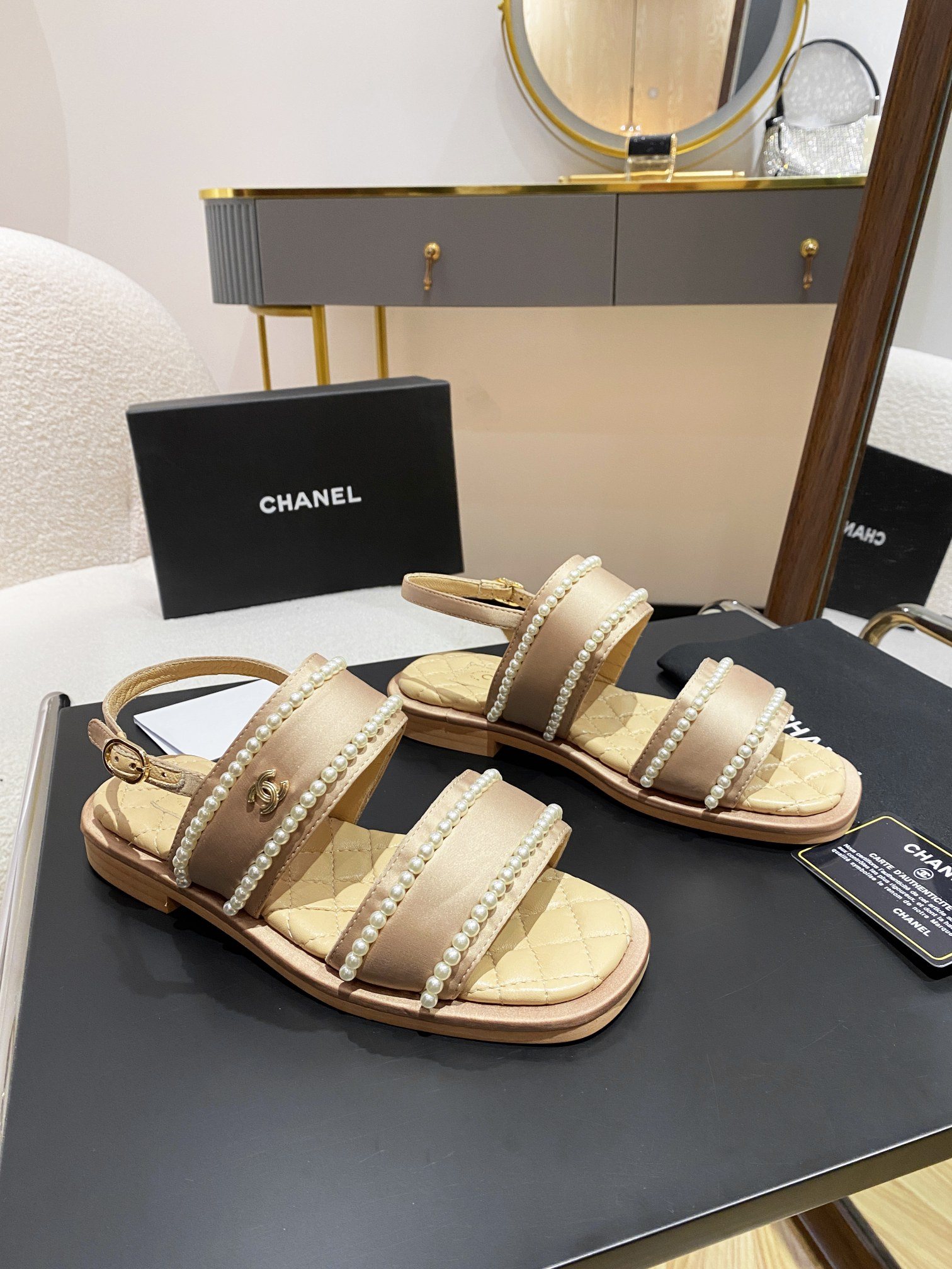 Chanel Pearl Flat Sandals Brown For Women - Image 10