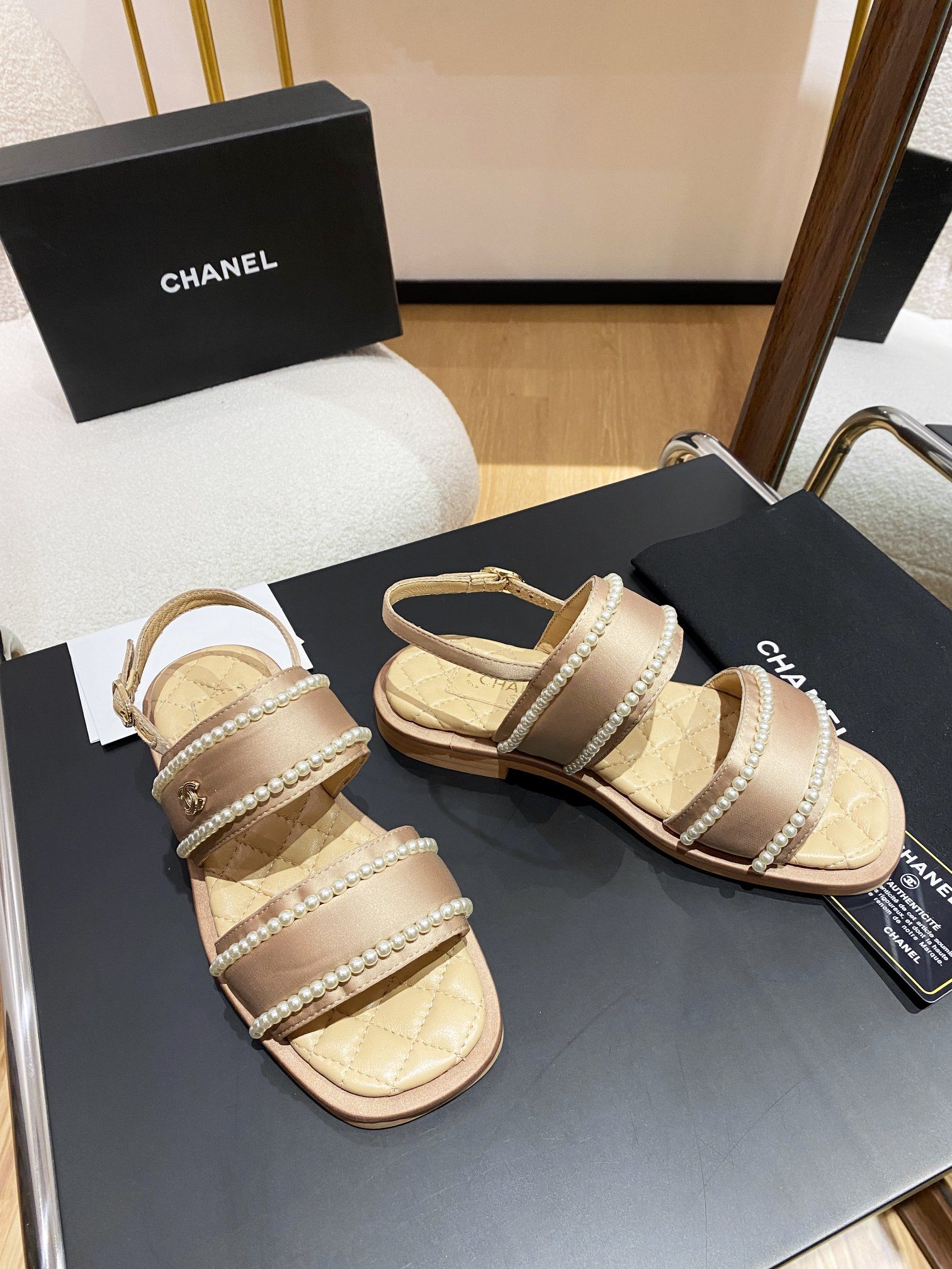 Chanel Pearl Flat Sandals Brown For Women - Image 9