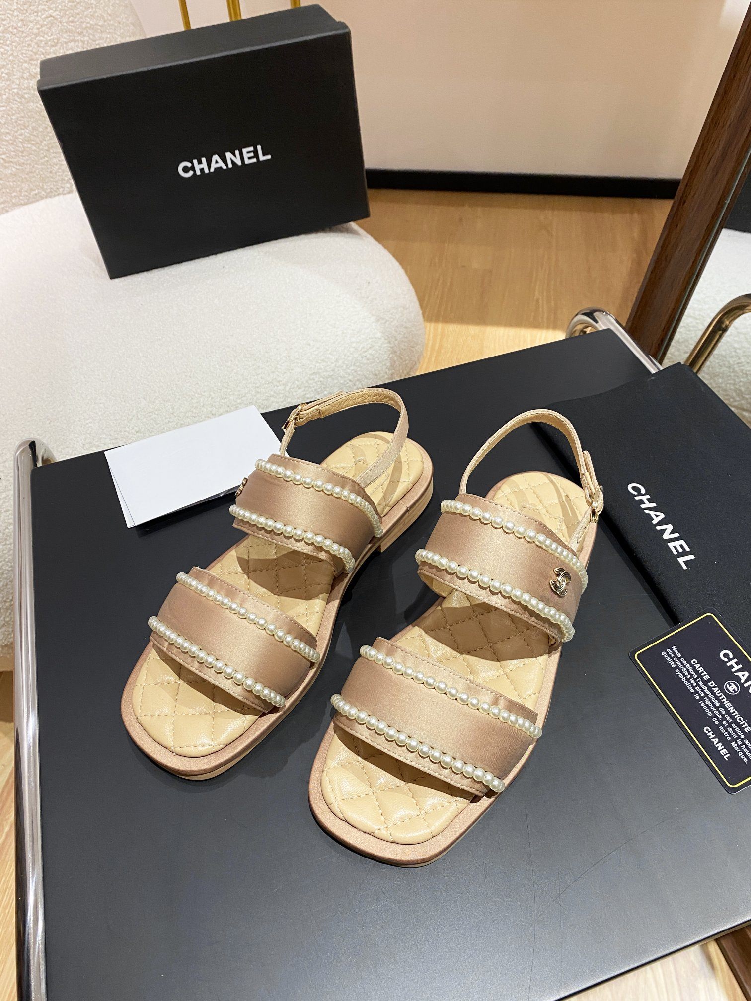 Chanel Pearl Flat Sandals Brown For Women - Image 8