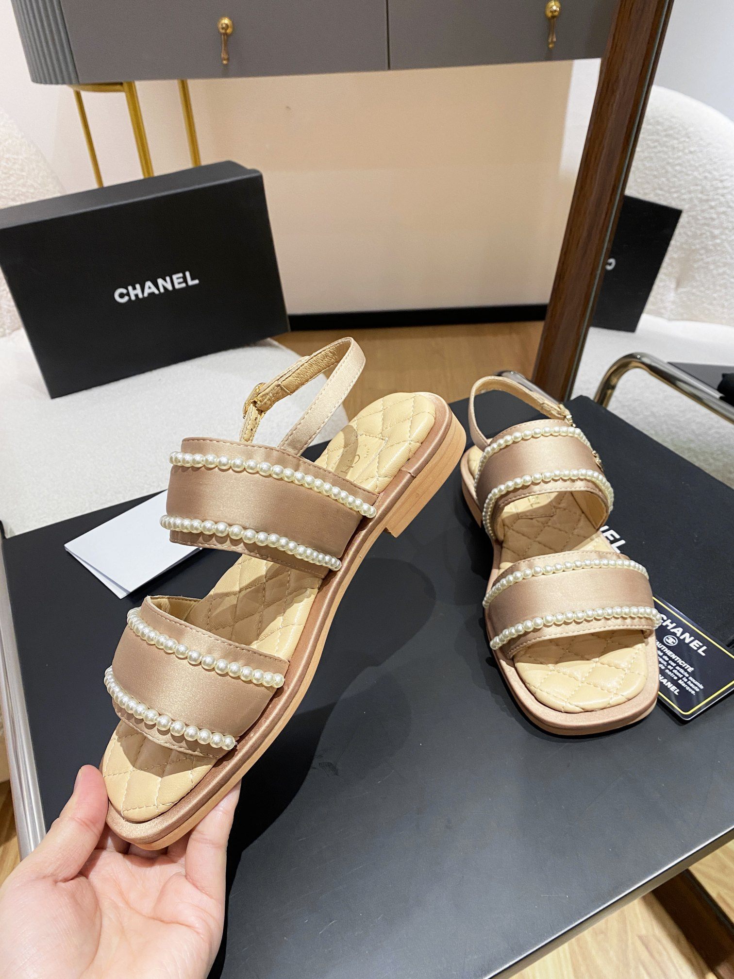 Chanel Pearl Flat Sandals Brown For Women - Image 7