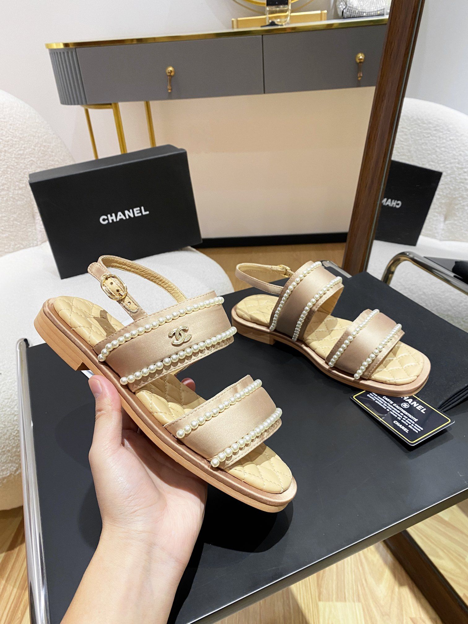 Chanel Pearl Flat Sandals Brown For Women - Image 6