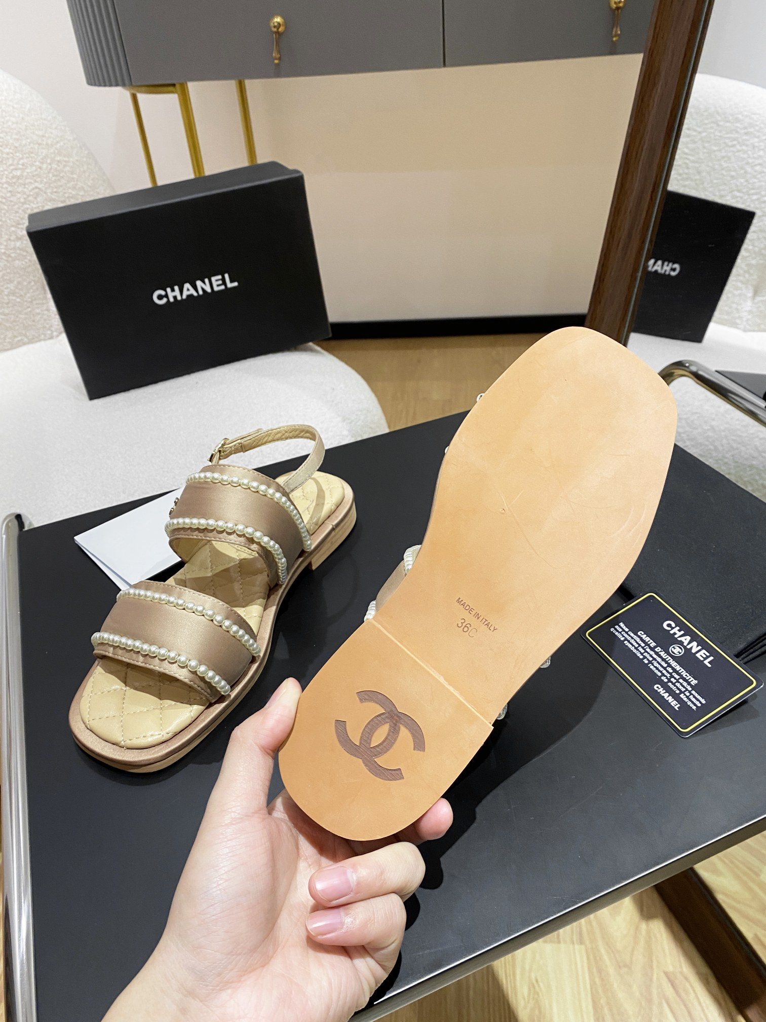 Chanel Pearl Flat Sandals Brown For Women - Image 5