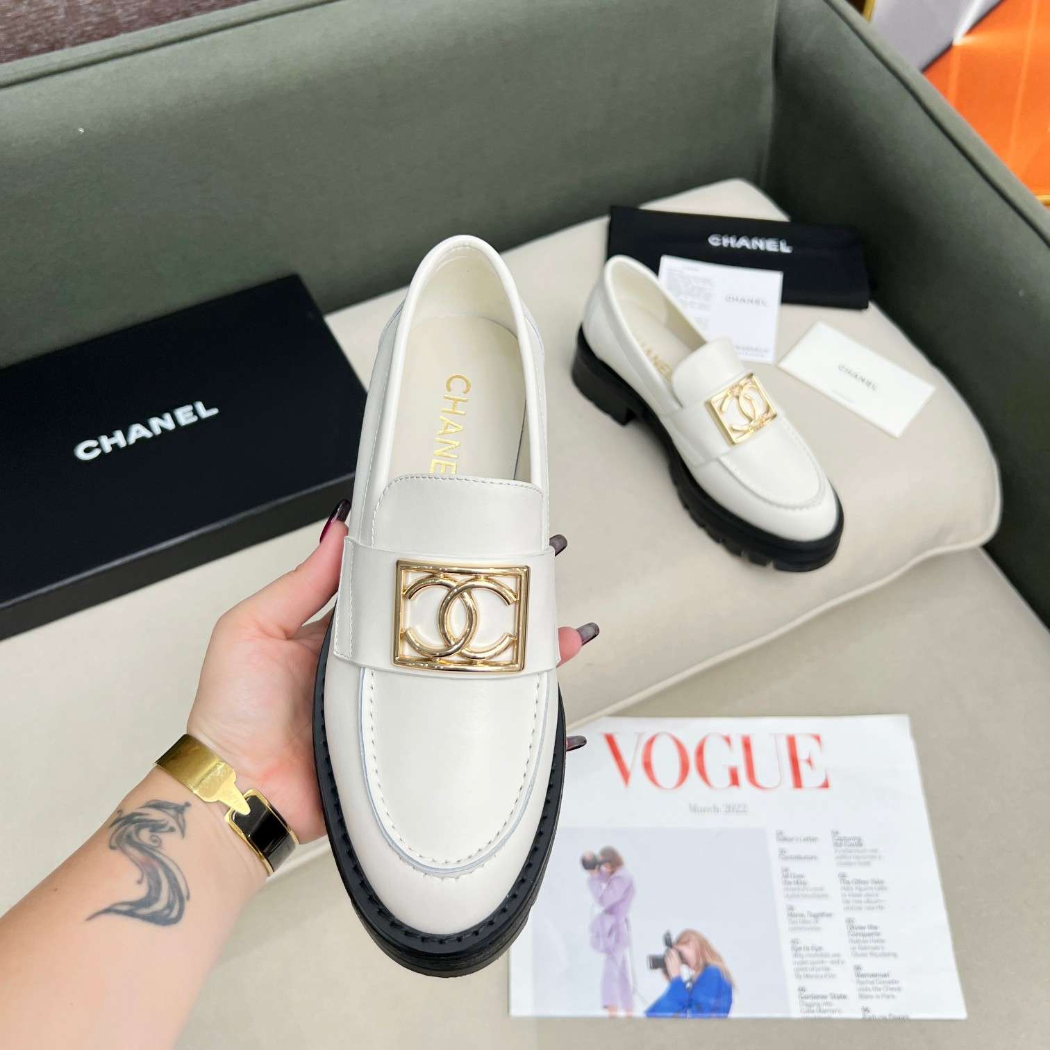 Chanel Romance CC Embellished Loafers White For Women - Image 4
