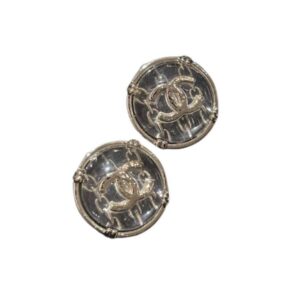 Chanel Round Button Plastic Earrings Silver For Women