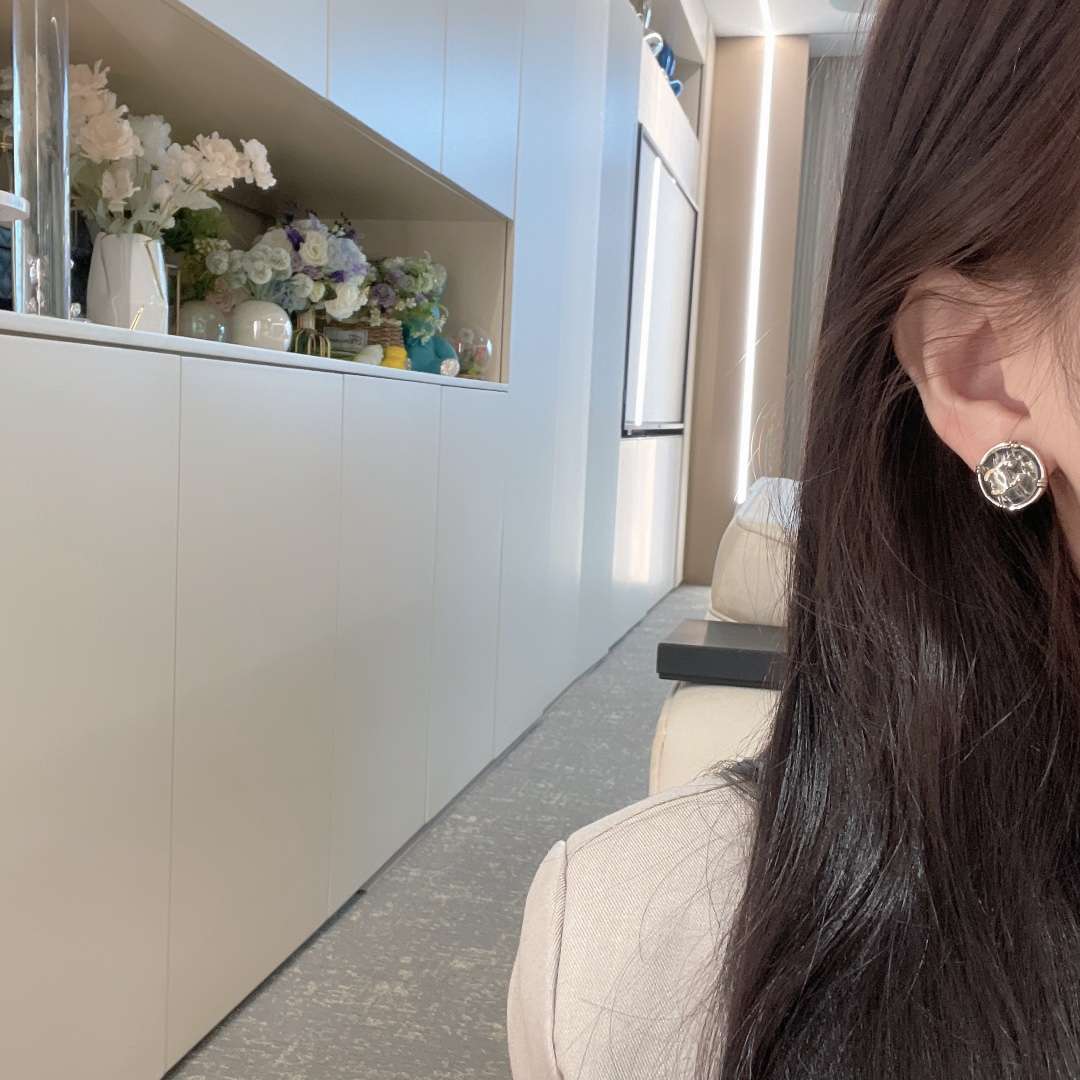 Chanel Round Button Plastic Earrings Silver For Women - Image 7