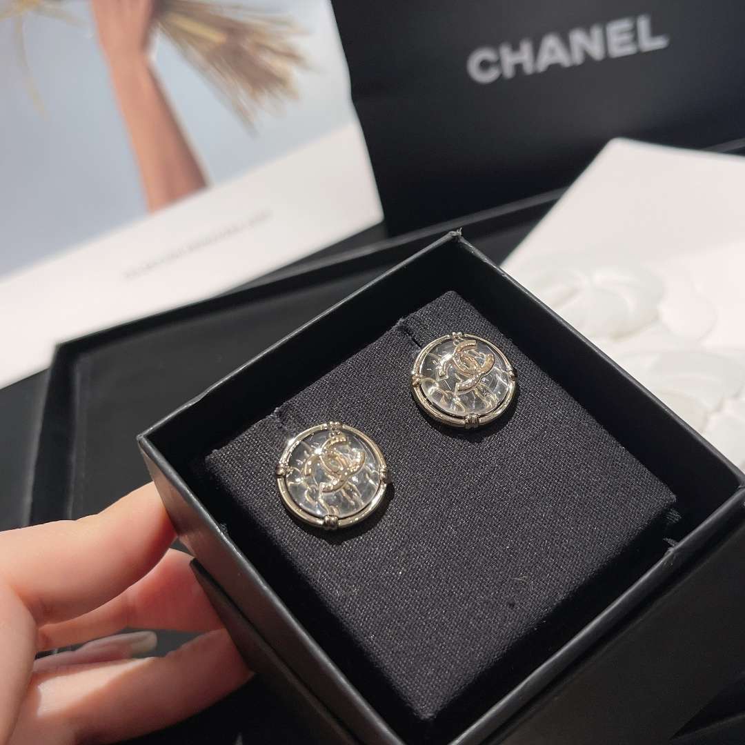Chanel Round Button Plastic Earrings Silver For Women - Image 5