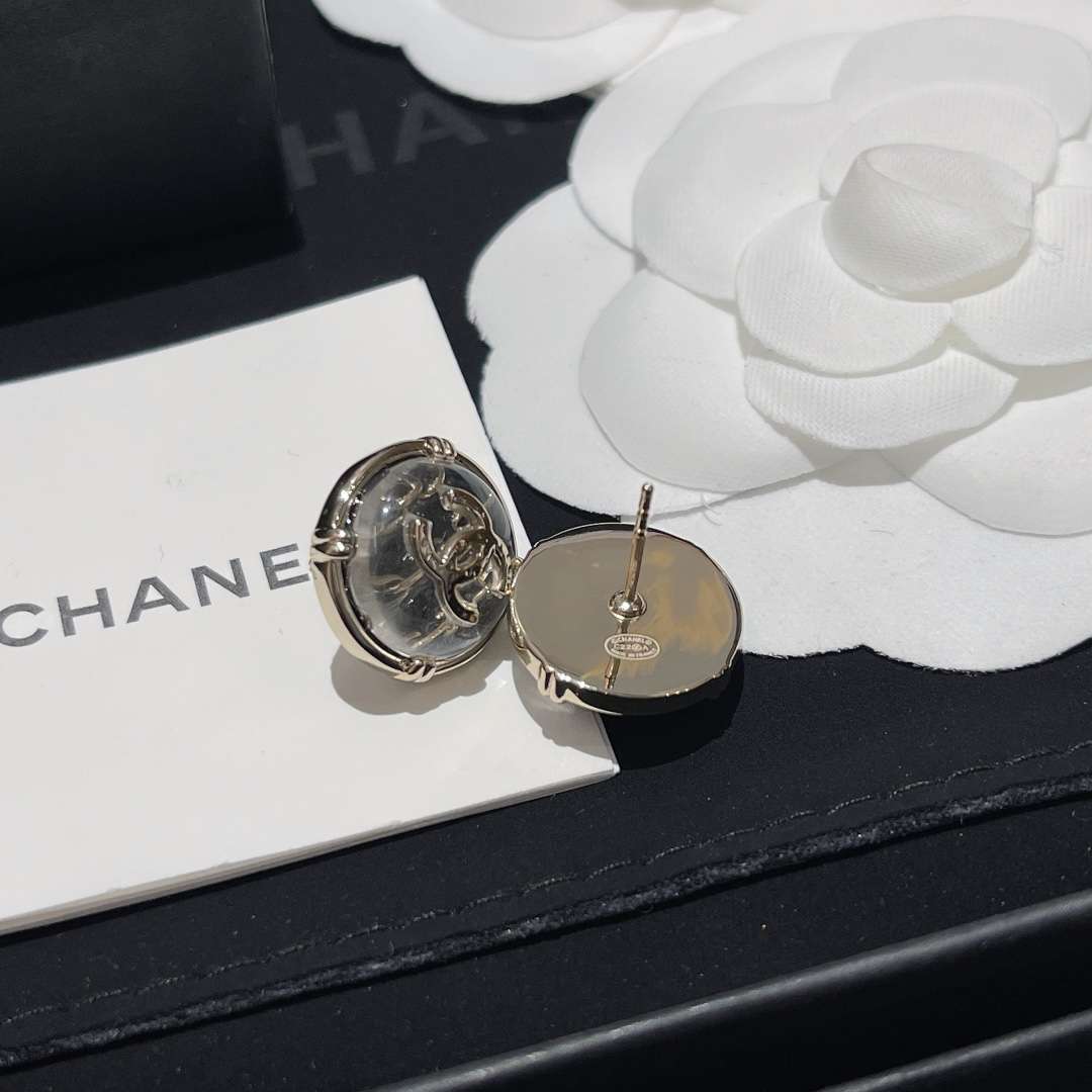 Chanel Round Button Plastic Earrings Silver For Women - Image 6
