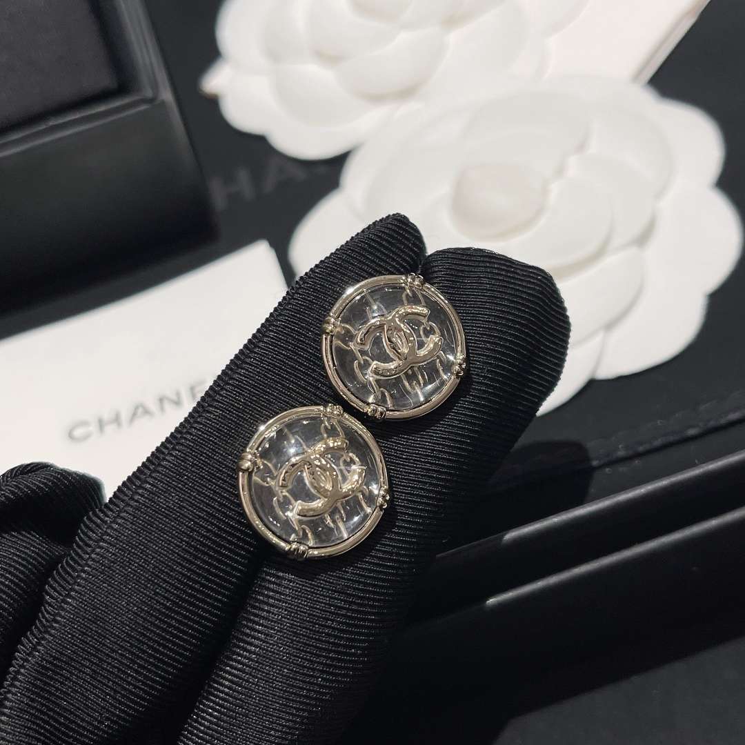 Chanel Round Button Plastic Earrings Silver For Women - Image 4