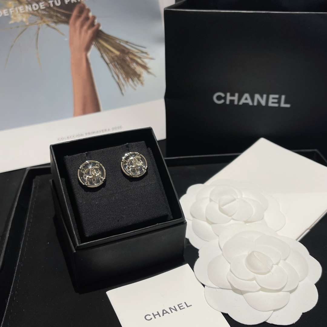 Chanel Round Button Plastic Earrings Silver For Women - Image 3