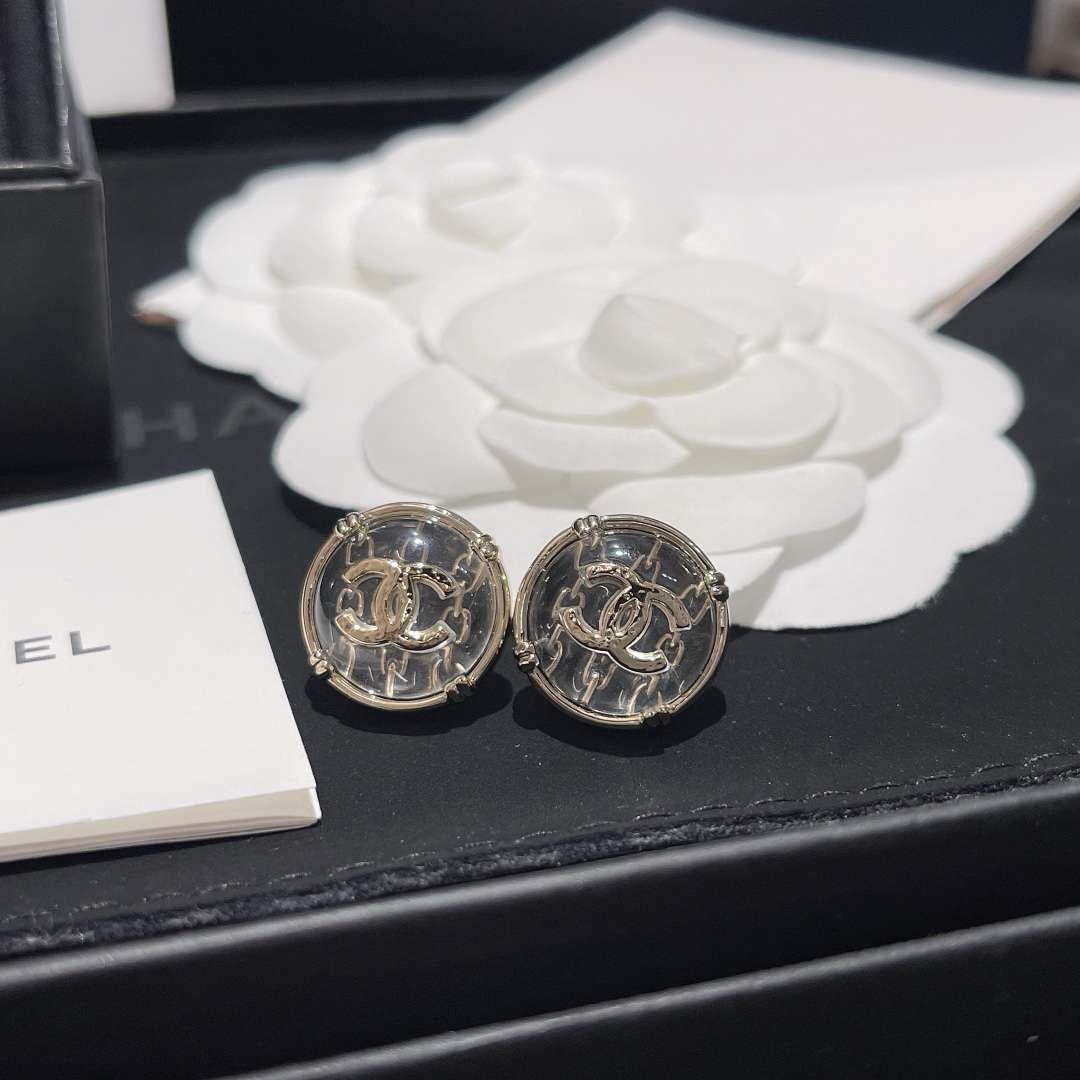 Chanel Round Button Plastic Earrings Silver For Women - Image 2