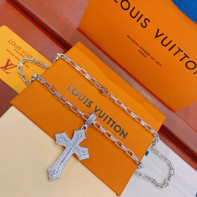Louis Vuitton Cross Necklace Silver For Women - Image 8
