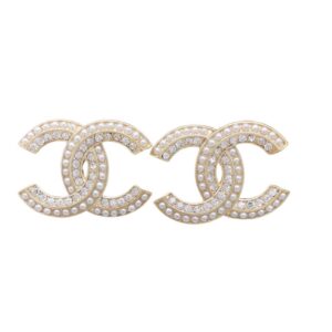 Chanel Crystal CC Stud Earrings Gold For Women