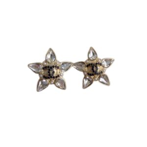 Chanel Crystal Five Petals Flower Earrings Gold Tone For Women