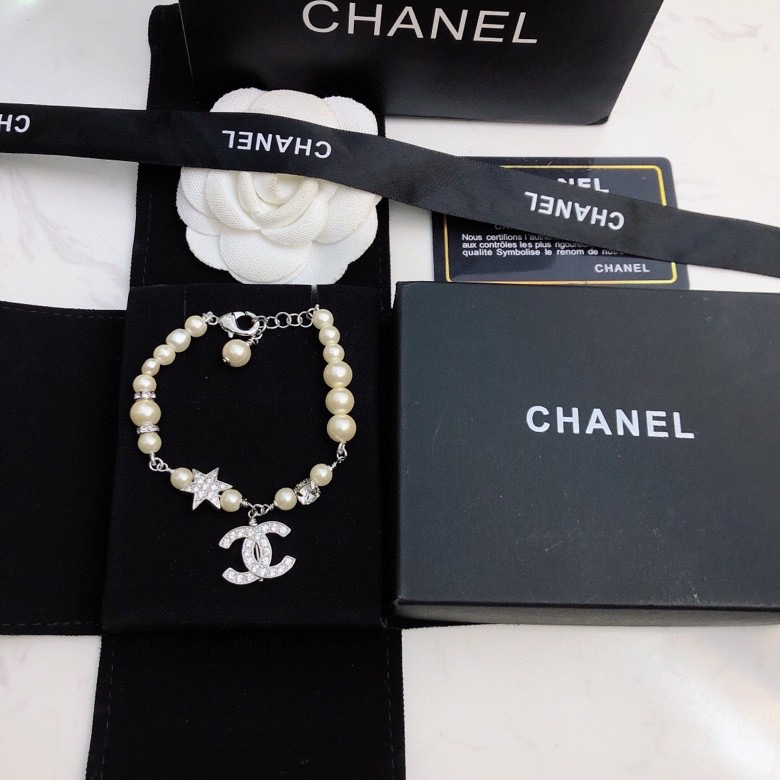 Chanel Dangling Douple C Pearl Chain Bracelet Silver Tone For Women - Image 8