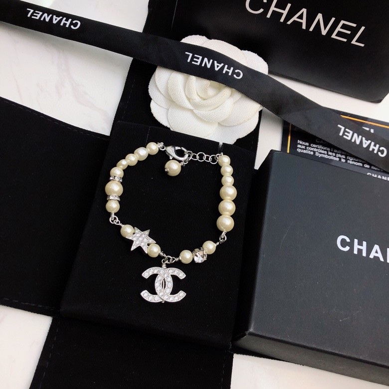Chanel Dangling Douple C Pearl Chain Bracelet Silver Tone For Women - Image 7
