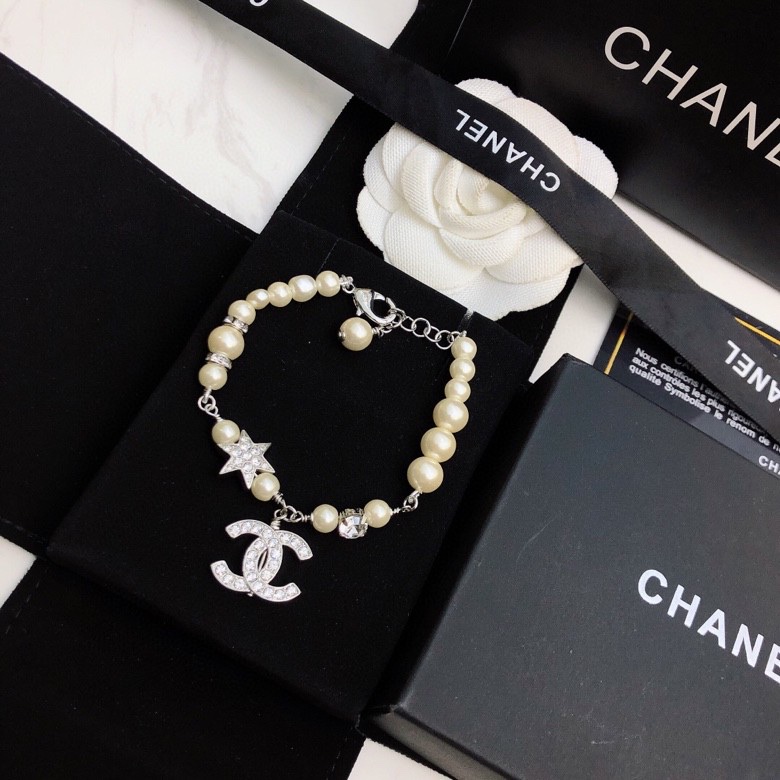 Chanel Dangling Douple C Pearl Chain Bracelet Silver Tone For Women - Image 6