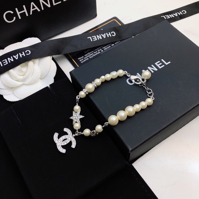 Chanel Dangling Douple C Pearl Chain Bracelet Silver Tone For Women - Image 5