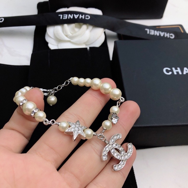 Chanel Dangling Douple C Pearl Chain Bracelet Silver Tone For Women - Image 4