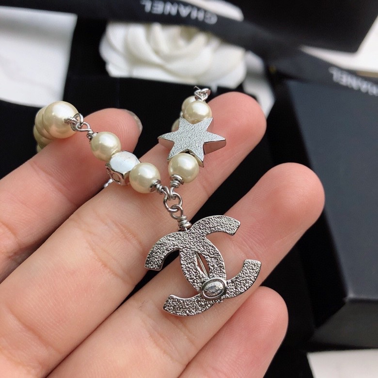 Chanel Dangling Douple C Pearl Chain Bracelet Silver Tone For Women - Image 3