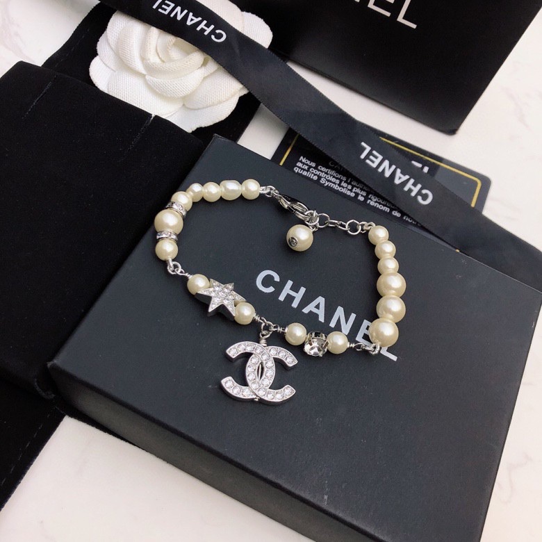 Chanel Dangling Douple C Pearl Chain Bracelet Silver Tone For Women - Image 2