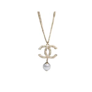 Chanel Dangling Douple C With Pearl Necklace Gold Tone For Women