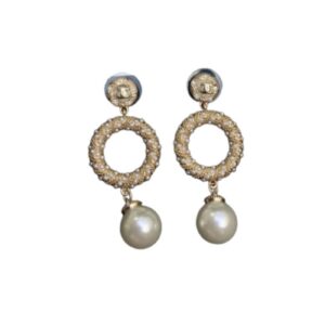 Chanel Dangling White Pearl And Circle Earrings Gold Tone For Women