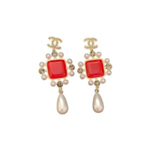 Chanel Dark Red Square Stone Earrings Gold Tone For Women